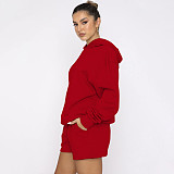 Solid Color Pullover Hooded Long-sleeved Sweatshirt and Casual Shorts Set SSN-211280