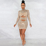 Hot Rhinestone Cut Out Long Sleeve Nightclub Dress BY-5572