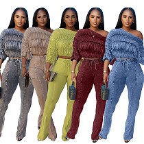Sexy Acid-washed Distressed Off-the-shoulder Loose Casual Suit CM-9532