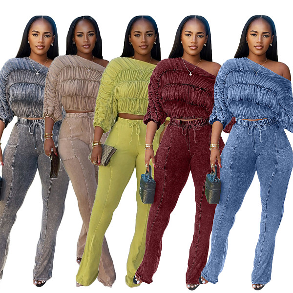 Sexy Acid-washed Distressed Off-the-shoulder Loose Casual Suit CM-9532