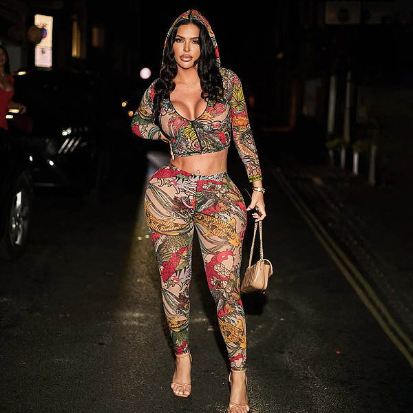 Printed Hooded Zip-up Collar Cropped Jacket and High-waisted Pencil Pants Set XYWL-25ST366