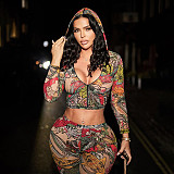 Printed Hooded Zip-up Collar Cropped Jacket and High-waisted Pencil Pants Set XYWL-25ST366