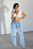 Fashionable Washed Patchwork Wool Basic Straight Leg Jeans XINH-81020
