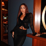 Sexy Leopard Print Fur Patchwork Belted Cardigan and Skirt Two-piece Set MRA-44063