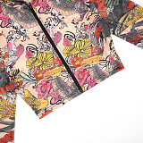 Printed Hooded Zip-up Collar Cropped Jacket and High-waisted Pencil Pants Set XYWL-25ST366