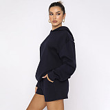 Solid Color Pullover Hooded Long-sleeved Sweatshirt and Casual Shorts Set SSN-211280