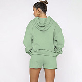 Solid Color Pullover Hooded Long-sleeved Sweatshirt and Casual Shorts Set SSN-211280