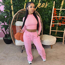 Crew Neck Fitted T-shirt With Elastic Drawstring High-waisted Straight Leg Sweatpants Set XYWL-25ST465