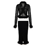 Sexy Leopard Print Fur Patchwork Belted Cardigan and Skirt Two-piece Set MRA-44063