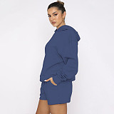 Solid Color Pullover Hooded Long-sleeved Sweatshirt and Casual Shorts Set SSN-211280