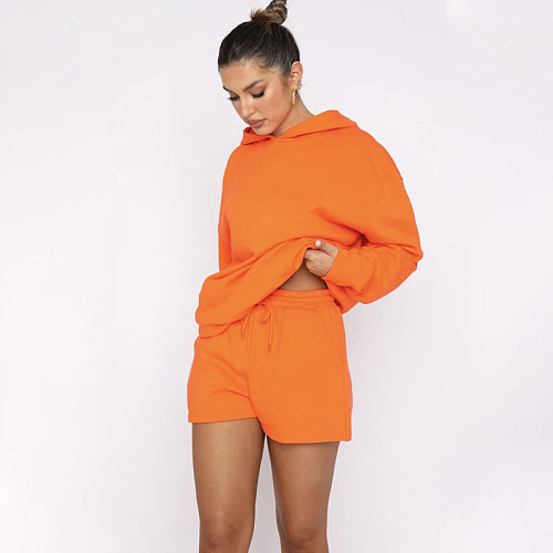 Solid Color Pullover Hooded Long-sleeved Sweatshirt and Casual Shorts Set SSN-211280