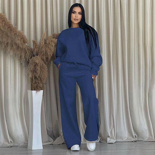 Solid Color Round Neck Long-sleeved Loose Casual Wide-leg Pants Suit SSN-211470