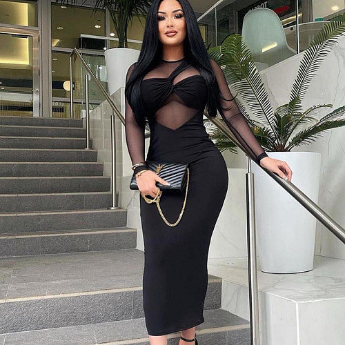 New Round Neck Mesh-paneled Long-sleeved Midi Bodycon Dress JY-97666