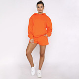 Solid Color Pullover Hooded Long-sleeved Sweatshirt and Casual Shorts Set SSN-211280
