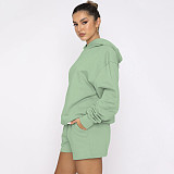 Solid Color Pullover Hooded Long-sleeved Sweatshirt and Casual Shorts Set SSN-211280