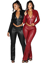 Stylish Slim Fit Zipper Stretch Leather Jacket and Casual Flare Pants Two-Piece Set CH-25059
