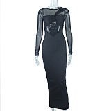 New Round Neck Mesh-paneled Long-sleeved Midi Bodycon Dress JY-97666