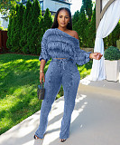 Sexy Acid-washed Distressed Off-the-shoulder Loose Casual Suit CM-9532
