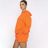 Solid Color Pullover Hooded Long-sleeved Sweatshirt and Casual Shorts Set SSN-211280