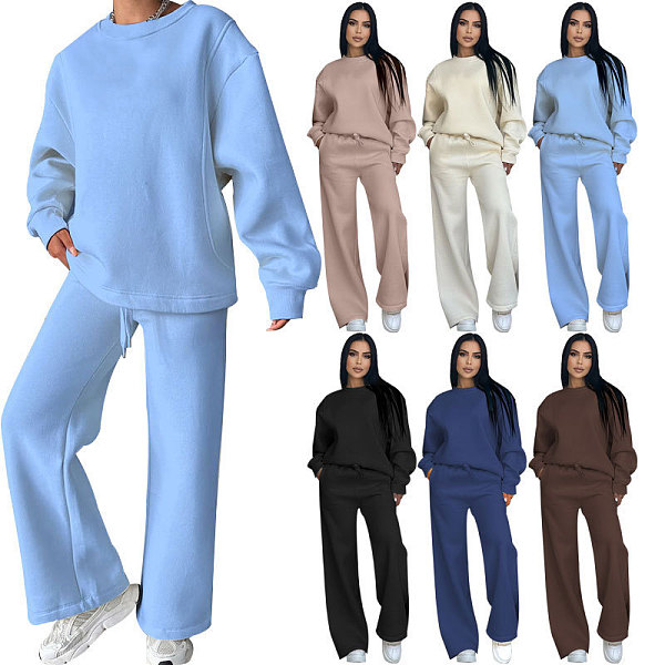 Solid Color Round Neck Long-sleeved Loose Casual Wide-leg Pants Suit SSN-211470