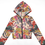 Printed Hooded Zip-up Collar Cropped Jacket and High-waisted Pencil Pants Set XYWL-25ST366
