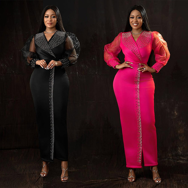 Fashionable Rhinestone Puff Sleeve Elastic V-Neck Maxi Dress CYA-901882