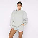 Solid Color Pullover Hooded Long-sleeved Sweatshirt and Casual Shorts Set SSN-211280