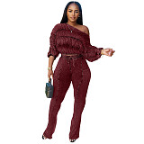 Sexy Acid-washed Distressed Off-the-shoulder Loose Casual Suit CM-9532