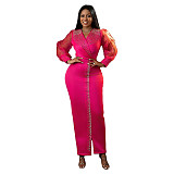 Fashionable Rhinestone Puff Sleeve Elastic V-Neck Maxi Dress CYA-901882