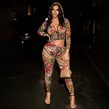 Printed Hooded Zip-up Collar Cropped Jacket and High-waisted Pencil Pants Set XYWL-25ST366