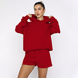 Solid Color Pullover Hooded Long-sleeved Sweatshirt and Casual Shorts Set SSN-211280