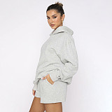 Solid Color Pullover Hooded Long-sleeved Sweatshirt and Casual Shorts Set SSN-211280