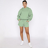 Solid Color Pullover Hooded Long-sleeved Sweatshirt and Casual Shorts Set SSN-211280