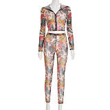 Printed Hooded Zip-up Collar Cropped Jacket and High-waisted Pencil Pants Set XYWL-25ST366