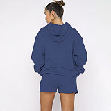 Solid Color Pullover Hooded Long-sleeved Sweatshirt and Casual Shorts Set SSN-211280