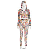 Printed Hooded Zip-up Collar Cropped Jacket and High-waisted Pencil Pants Set XYWL-25ST366