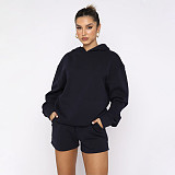 Solid Color Pullover Hooded Long-sleeved Sweatshirt and Casual Shorts Set SSN-211280