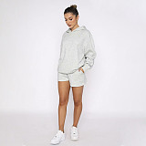 Solid Color Pullover Hooded Long-sleeved Sweatshirt and Casual Shorts Set SSN-211280