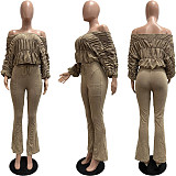 Sexy Acid-washed Distressed Off-the-shoulder Loose Casual Suit CM-9532