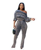 Sexy Acid-washed Distressed Off-the-shoulder Loose Casual Suit CM-9532