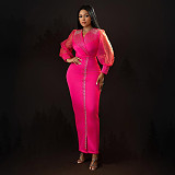 Fashionable Rhinestone Puff Sleeve Elastic V-Neck Maxi Dress CYA-901882