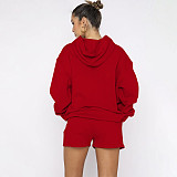 Solid Color Pullover Hooded Long-sleeved Sweatshirt and Casual Shorts Set SSN-211280