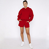 Solid Color Pullover Hooded Long-sleeved Sweatshirt and Casual Shorts Set SSN-211280