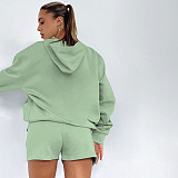 Solid Color Pullover Hooded Long-sleeved Sweatshirt and Casual Shorts Set SSN-211280