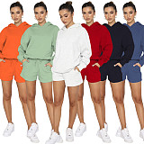 Solid Color Pullover Hooded Long-sleeved Sweatshirt and Casual Shorts Set SSN-211280