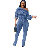 Sexy Acid-washed Distressed Off-the-shoulder Loose Casual Suit CM-9532