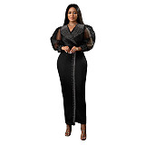 Fashionable Rhinestone Puff Sleeve Elastic V-Neck Maxi Dress CYA-901882