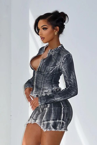 Fashionable Color Spray Elastic Design Zipper Long-sleeved Skirt Suit XINH-81012