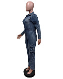 Fashion Washed High-elastic Long-sleeved One-piece Pants Denim Jumpsuit MEM-88596