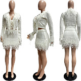 Autumn and Winter Knit Hand-Hooked Fringe Tie-Strap Long Sleeve High-Waisted Skirt Set CM-9533